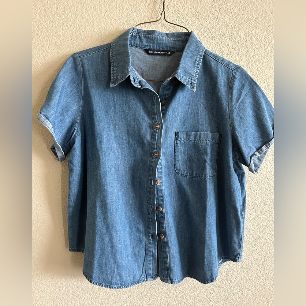 Brandy Melville cuffed short sleeve denim button down top